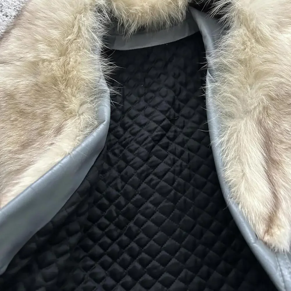 Women's Gray Leather Trench Coat with Real Fur Collar - Picture 4 of 9